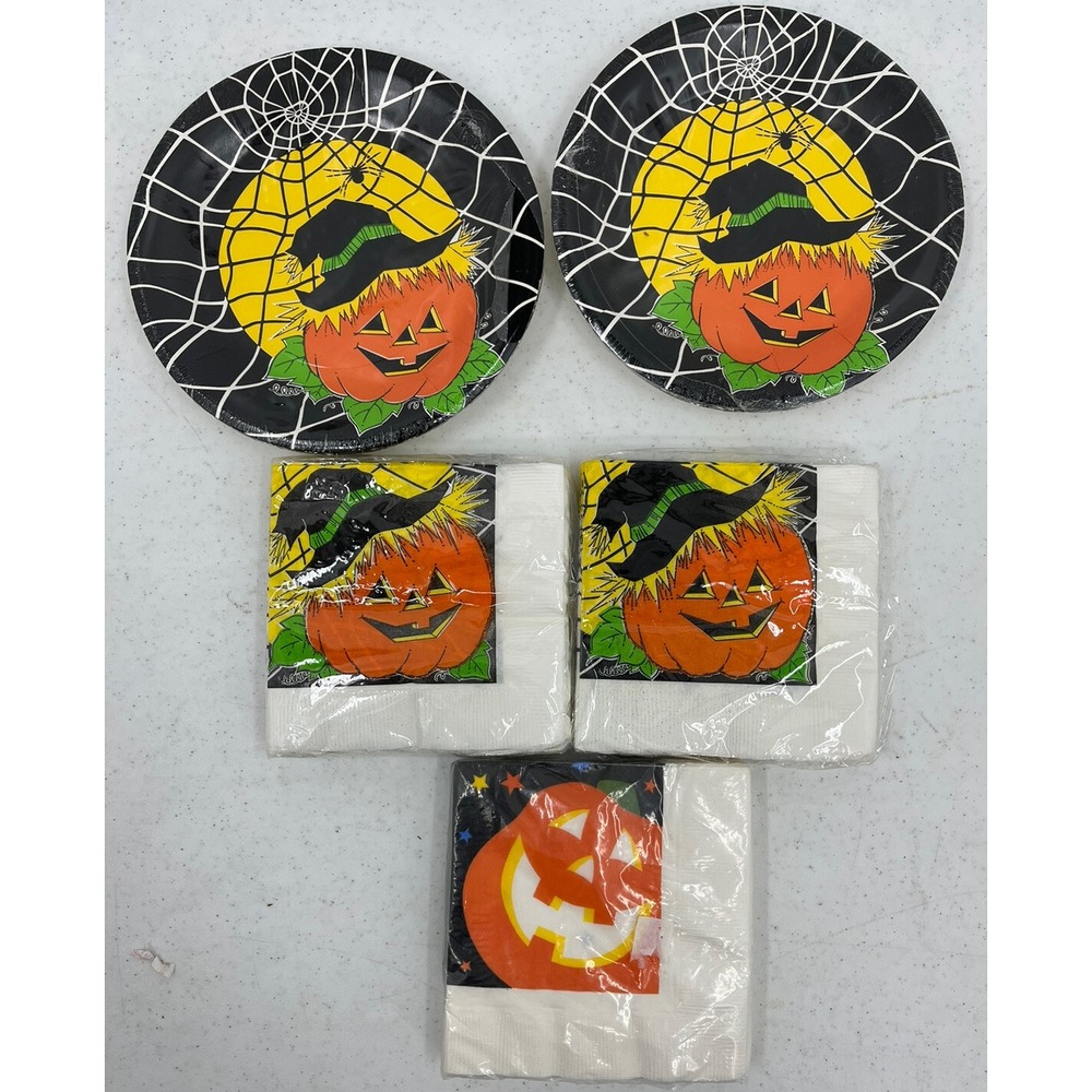 Vintage Halloween Napkins (56) And 7" Plates (16) Pumpkins Jack-o-lanterns